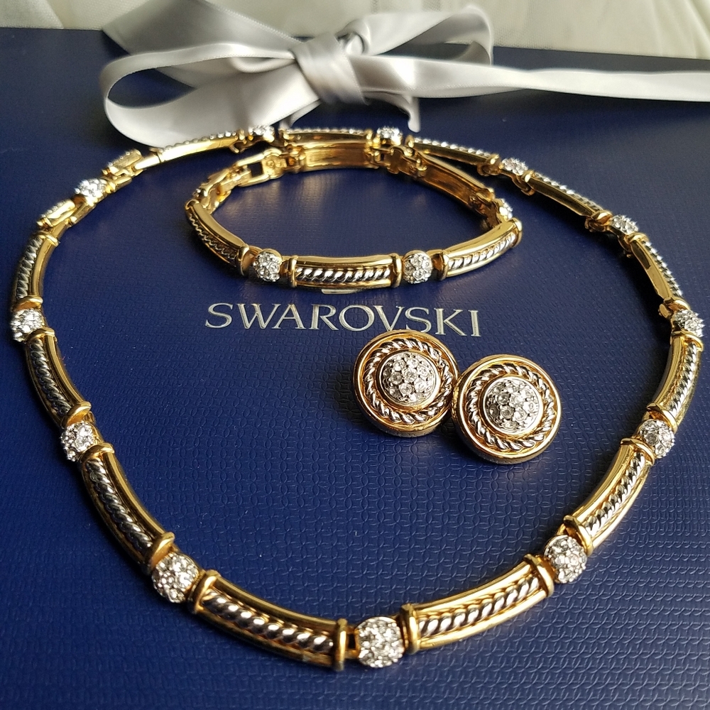 AUTHENTIC Swarovski 18k Gold Plated Tennis Necklace, Bracelet & Earrings SET - Picture 1 of 16